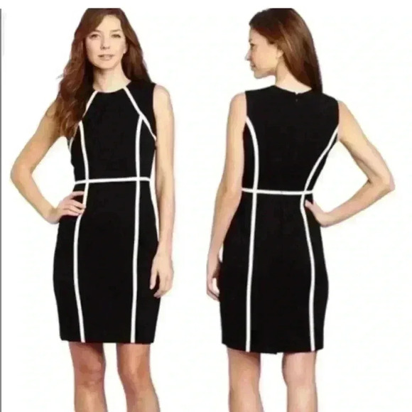 Calvin Klein Black w/ White Piping Sheath Dress Size 2 Business Classic Neutral - Picture 1 of 11